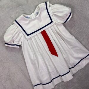 Her Majesty Kids Sailor Dress Size 4 White Navy Blue Red Nautical Pleated 85520